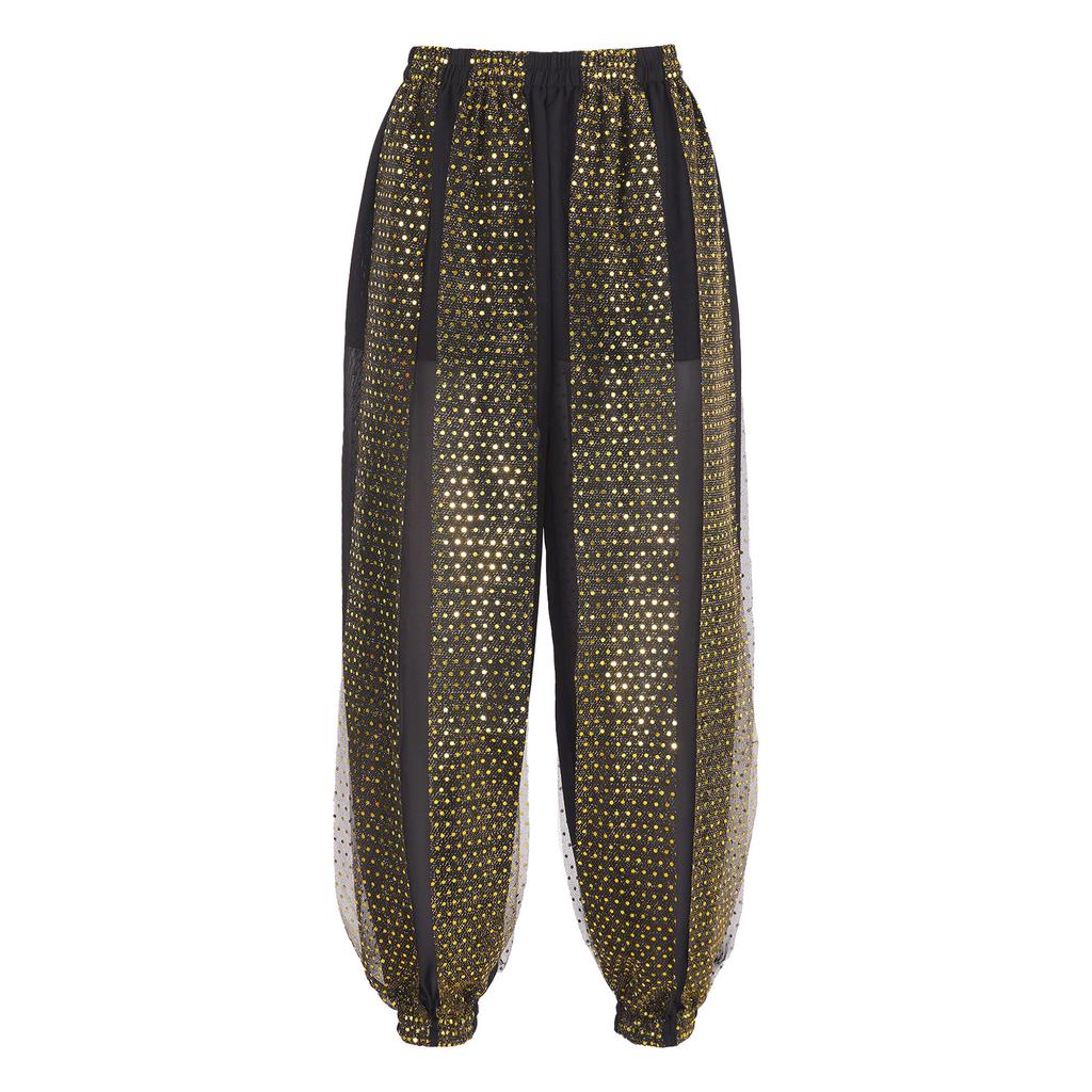 Womens Semi Sheer Chiffon Pants Sequined Dot Design Elastic Waist Belly Dance Performance Trousers