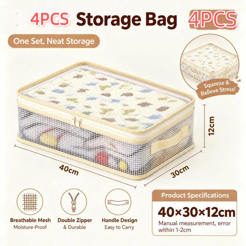 1/4Pcs Large Capacity Mesh Zipper Storage Bag - Clothing Household Bedding Four Piece Set Storage Bag, Clothing Organizing Box