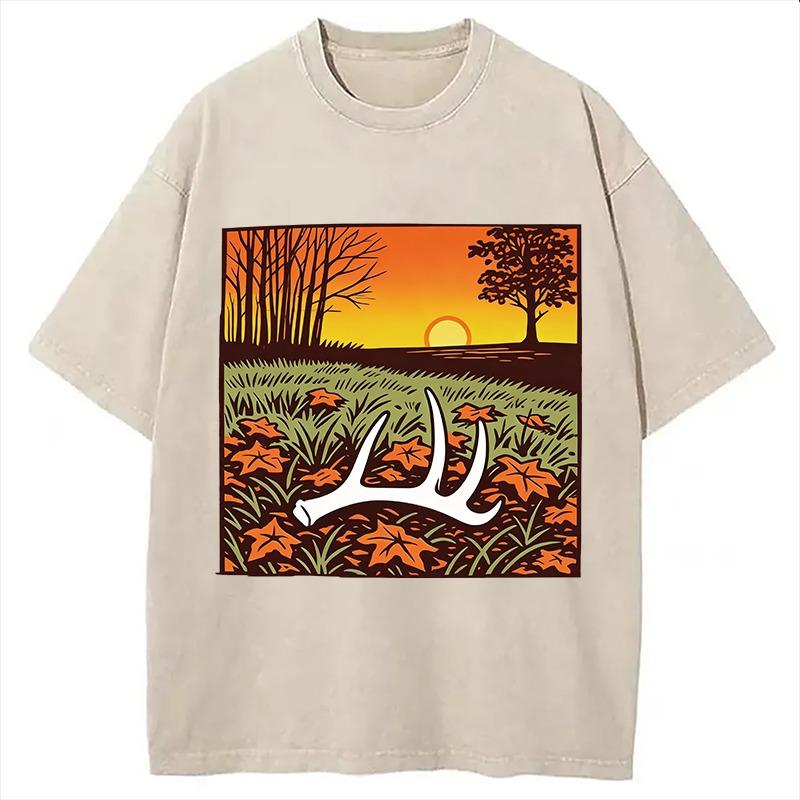 

Vintage Hunting Season Washed T-Shirt with Antler Fall Sunset Graphic Summer Cotton Short Sleeve Harajuku Tunics 3XL