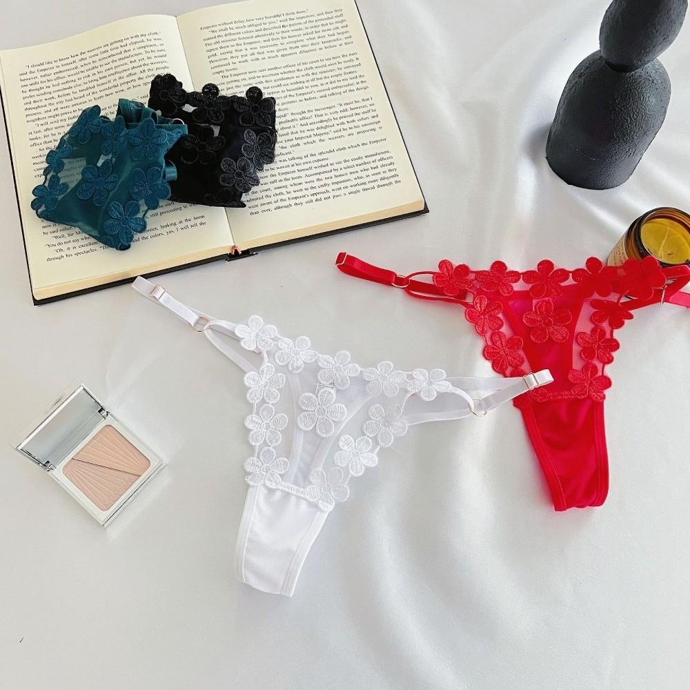Low Waist Underwear for Women Mesh Hollow Thin Belt Thong Embroidery Floral Panties  Hotel