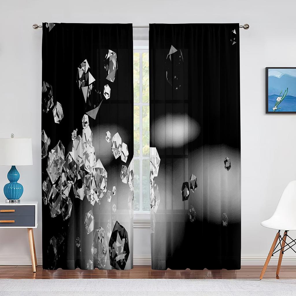 Falling Jewelry Diamonds On The Black Background Tulle Curtains for Living Room Bedroom Decor Chiffon Sheer Voile Window Curtain