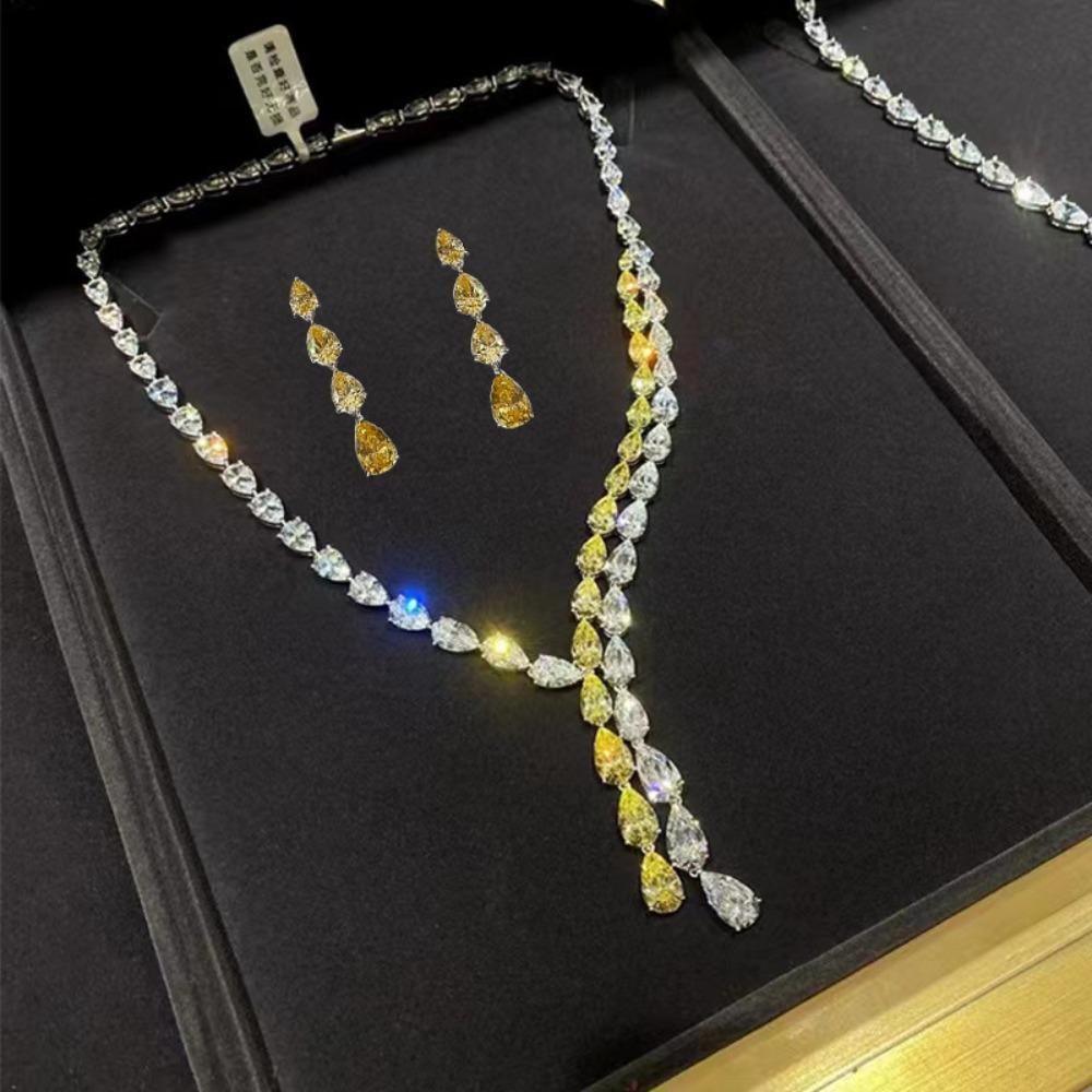 Women Jewelry Set Sexy Y Shape Necklace with White Yellow Diamonds Luxury Earrings for Women