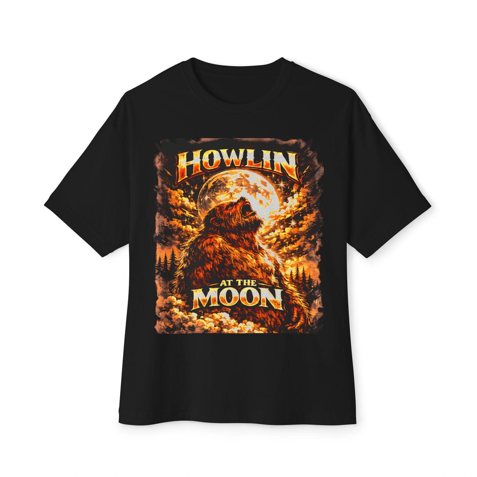 HOWLIN at the MOON Golden Sasquatch Oversized Boxy Tee, Vintage Bigfoot Howling Moon Retro Cryptid Art,Glossy Moonligh L