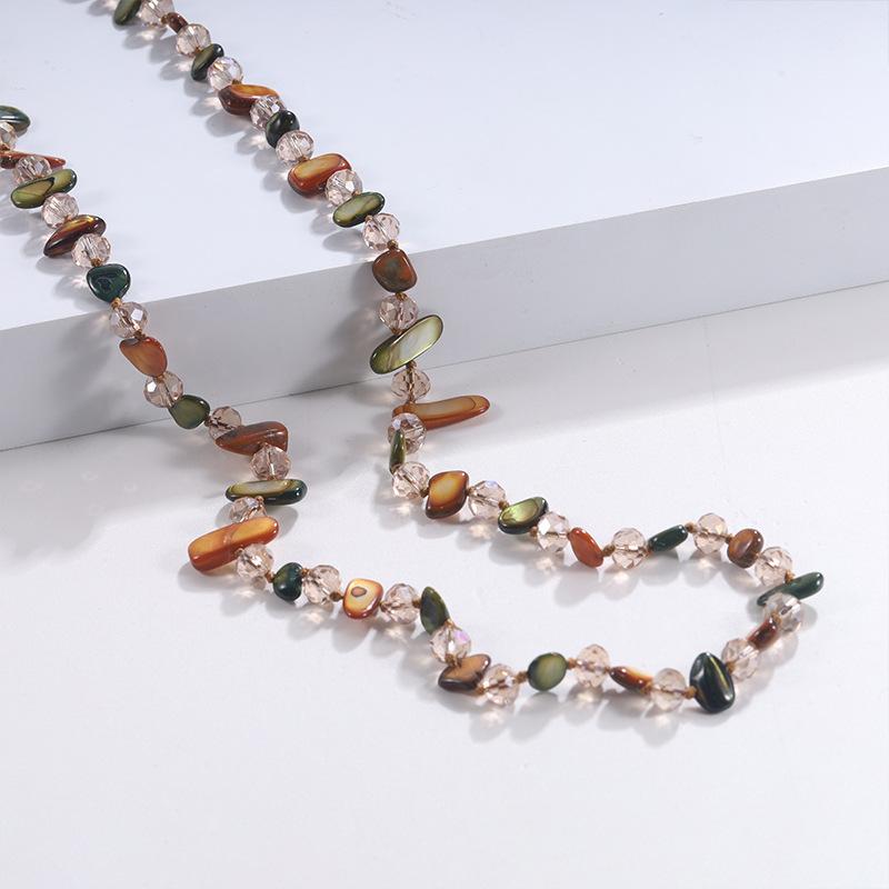 Minar Bohemian Multicolor Irregular Natural Stone Shell Crystal Glass Beads Beaded Necklace for Women Long Strand Sweater Chain