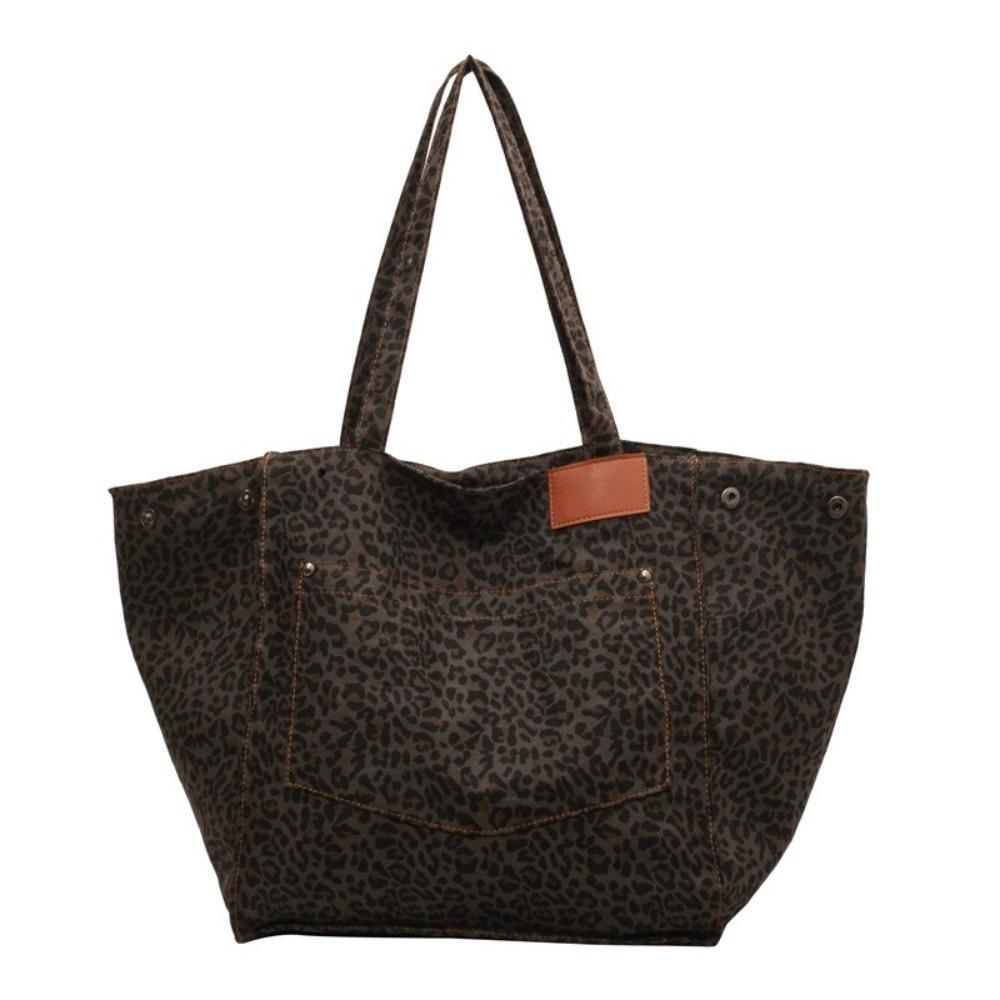 Large Capacity Leopard Print Shoulder Bag Square Women Handbag Simple Canvas Tote Bag  Shopping