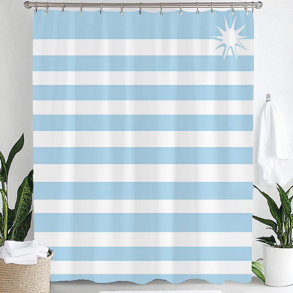 Modern Blue Stripes Printed Polyester Shower Curtain Bathroom Curtain,Hanging Curtain 12 Hooks Decoration Machine Washable