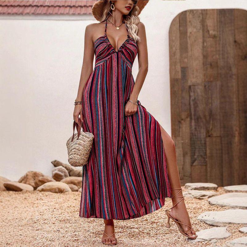 

European and American Spring and Summer Stripe Print Sexy Big Hemline Sling One piece Dress Women clothing Safflower XL
