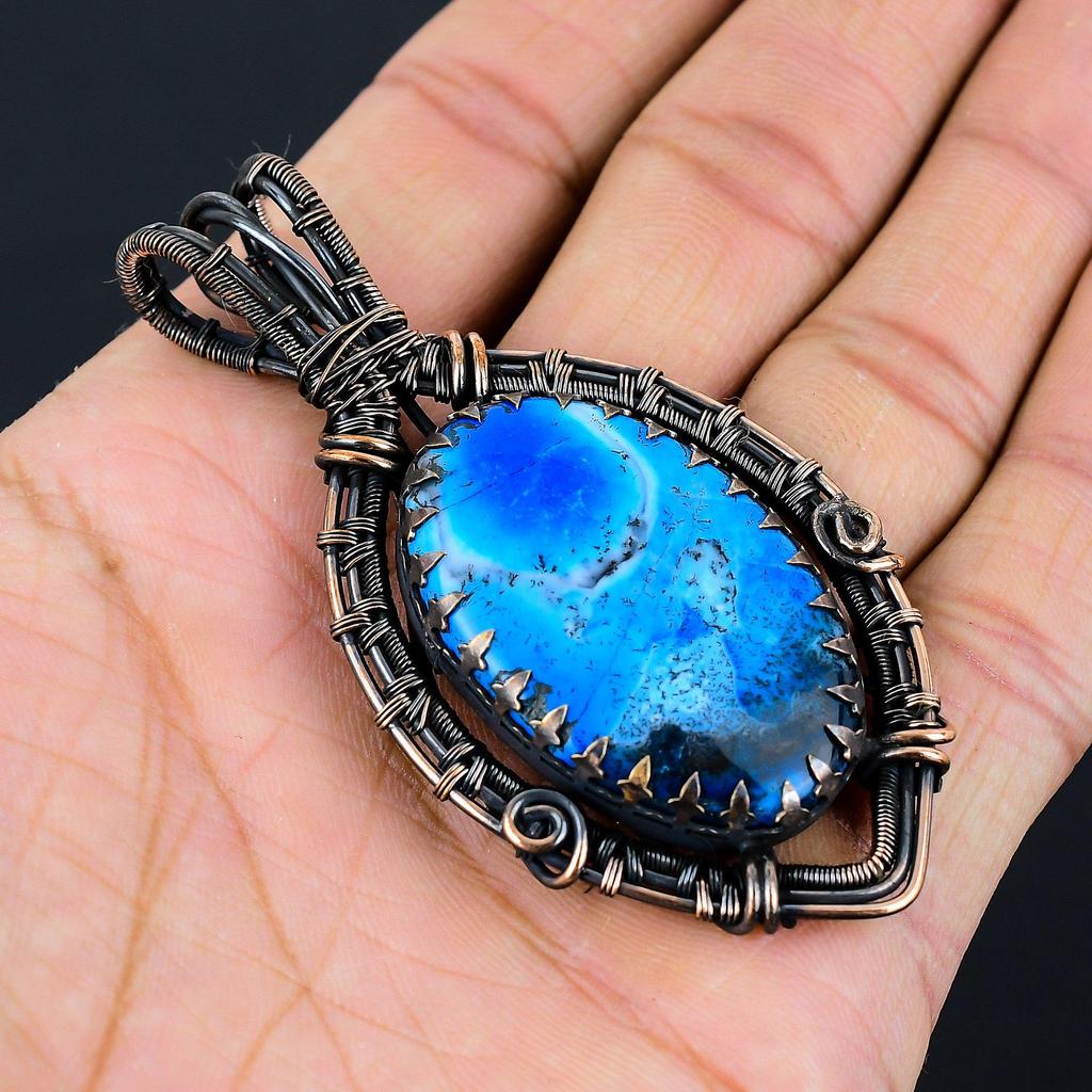 Blue Dendrit Opal Gemstone Pur cupru sârmă înfășurate handmade pandantiv bijuterii
