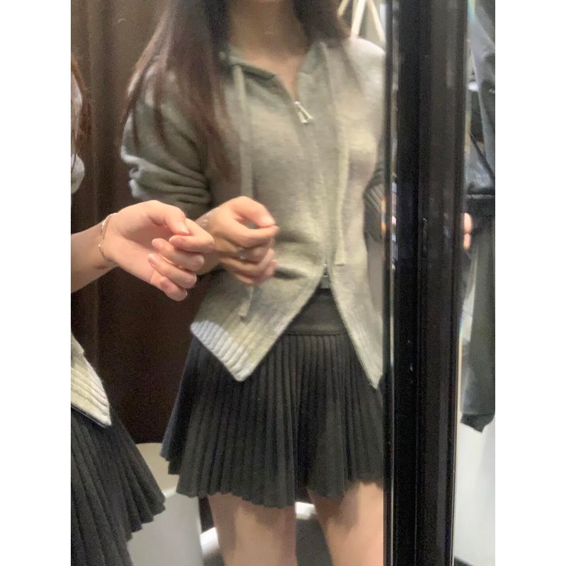 

Gray Hooded Knit Cardigan Women s Fall and Winter New Design Sense Double Zipper Tops Coat Undershirt Inner Wear Sweater Grey S