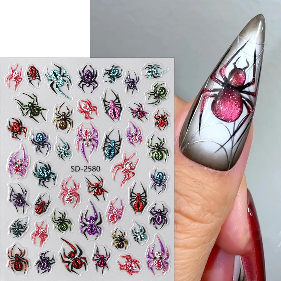 Xiaomi 2pcs Glitter Spider Nail Art Stickers Halloween Spider Web Gothic Holographic Nail Decals Adhesive Sliders Decorations Manicure