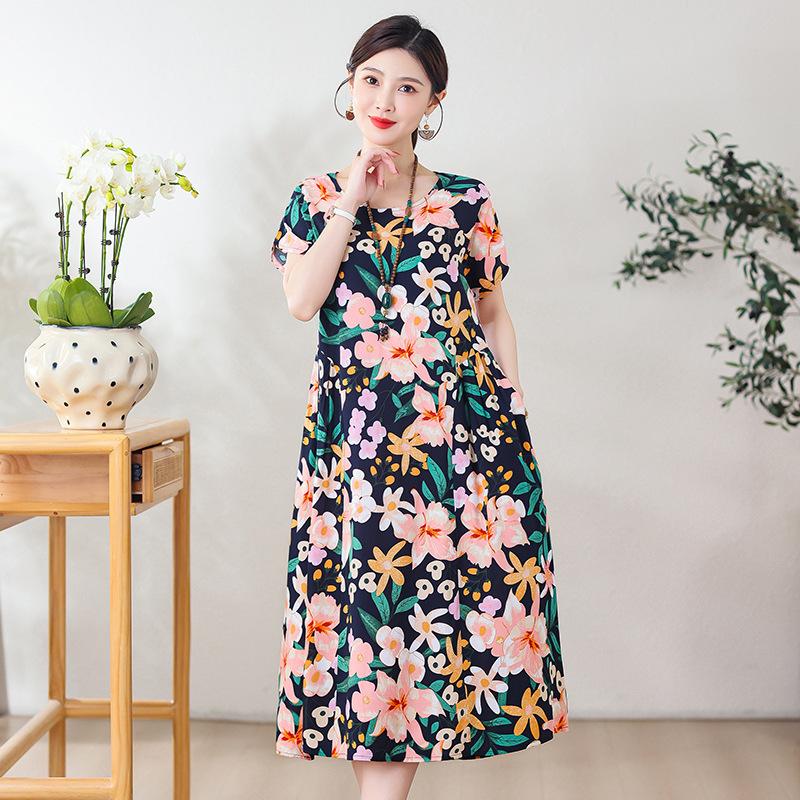 New cotton and silk dress summer large size loose fat mother covering belly and looking thin casual floral long skirt