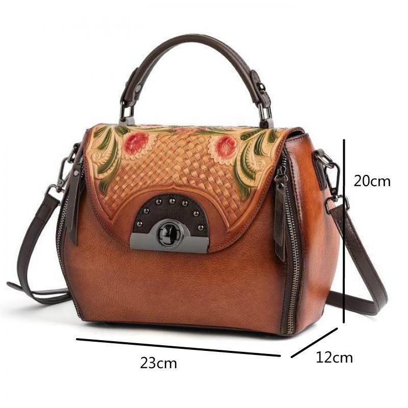 Johnature Retro preget førstelags kuskinn Dameveske Håndlaget Floral Hasp Handbag Fritid Skulder Messenger Bags