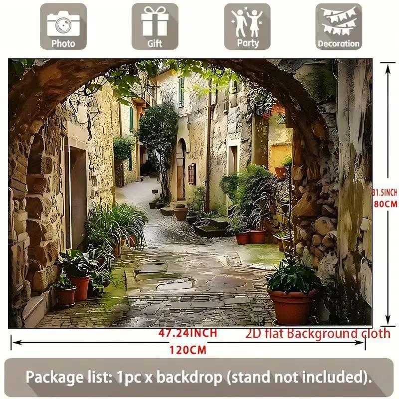2D European Old Town Street Backdrop, Tuscan Alley Photography Background for Travel Themed Party