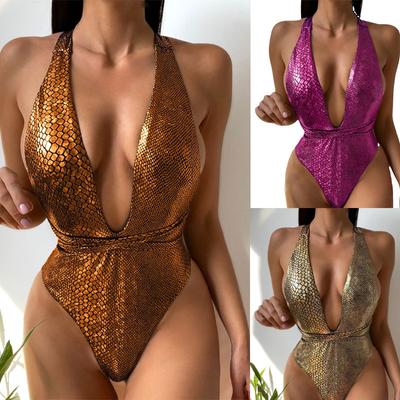 Maillot de bain une pièce à paillettes pour femme, ensemble sexy, décolleté en V profond, bikini, pour la plage