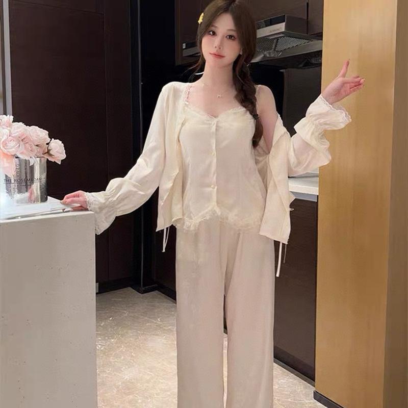 Spring and Autumn New Ice Silk Pajamas Women's Thin High-end Suspender Long-sleeved Trousers National Style Loungewear Three-piece Set