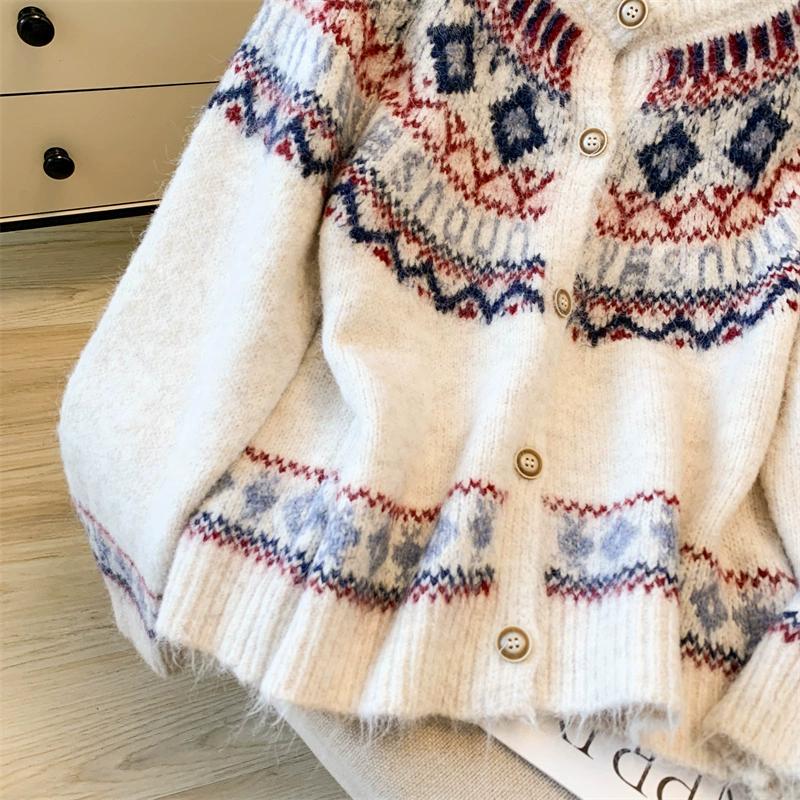 DIMANAF 2025 Autumn Sweaters Cardigan Women Pattern Printing Buttons Sweaters Knitting Loose White Sweater