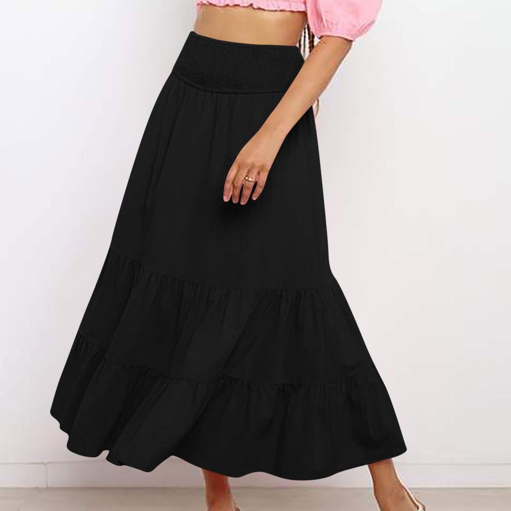 Vestido Maxi Bohemio de Verano para Mujer Cintura Alta Elástica Plisado con Volantes en Capas Culottes Moda Casual Color Sólido Falda Fluida