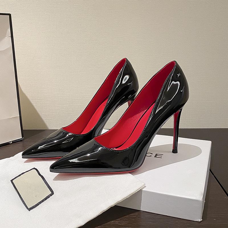 Women's Black Patent Leather Pointed Stiletto Heels - Red Bottom, Small Size, French Style