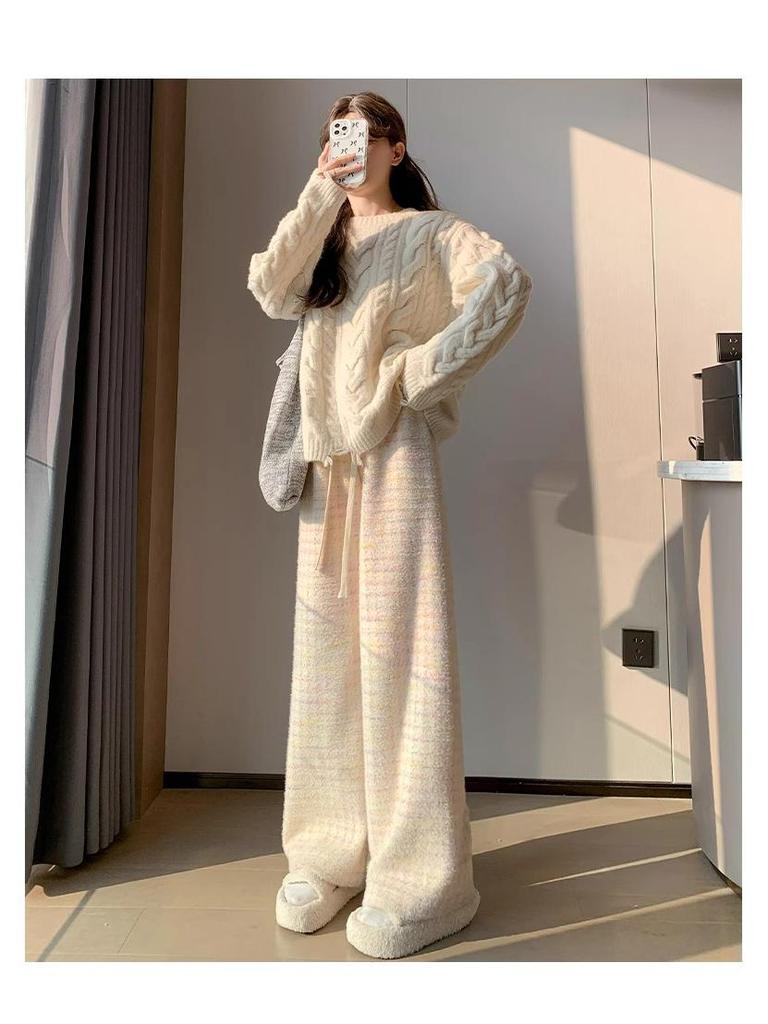 Women's High-Waist Plaid Houndstooth Velvet Pants - Coffee Blue, Wide-Leg, Wool Blend, Petite, for Autumn/Winter