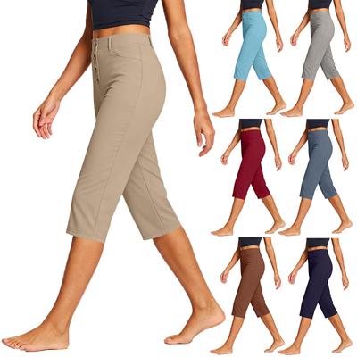 Damen Casual Gerade Beine Caprihosen Dehnbar Hoher Bund Mittlere Wadenlänge Trainingshosen Leichter Atmungsaktiver Stoff