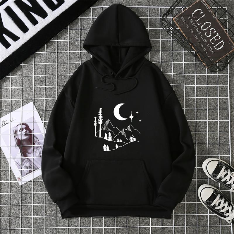 Autumn Winter Crescent Moon Pendant Printed Hoodie Sweatshirt Unisex Casual Style Top Korean Trend Couple Matching Shirt CYXX335