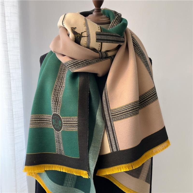 Autumn and winter new color matching fringed hair scarf women's splicing thickened shawl fashion one piece
