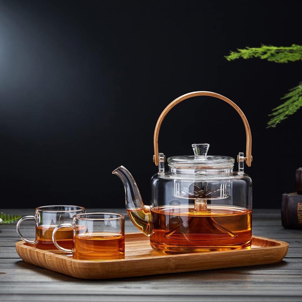 Pokaro Tea Teapot, Heat-Resistant Glass, Stylish Teapot, Teapot, Clear Glass, Stovetop-Safe, Large Capacity (1000ml), with Glass Tea Strainer, Bamboo