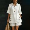 Cotton Linen Set for Women Button Short Sleeve Shirt And Wide Leg Shorts 2 Piece Outfit Summer Casual Beach Lounge Sets
