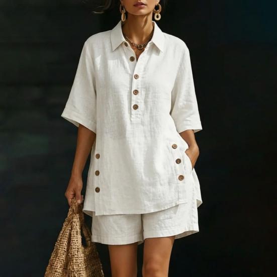 Cotton Linen Set for Women Button Short Sleeve Shirt And Wide Leg Shorts 2 Piece Outfit Summer Casual Beach Lounge Sets