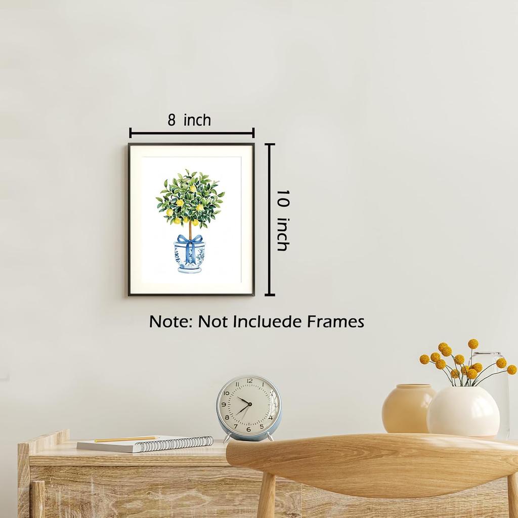 KSDUT Chinoiserie Vase Wall Art Decor Set of 4 - Lemon Tree Bows Artwork Poster Prints Blue and White Coquette Preppy Trendy Wall Decor for Home