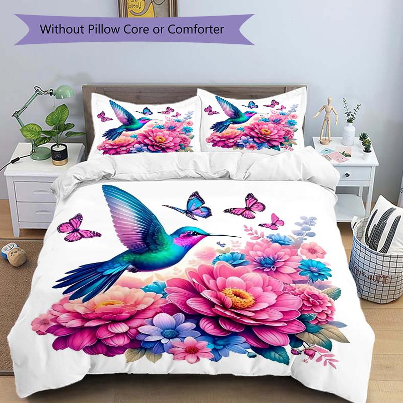 

3pcs Hummingbird with Vibrant Blue Wings Quilt Cover Set (1 Quilt Cover + 2 Pillowcases Without Pillow Core), High-Definition Printing for Home a 135x200cm