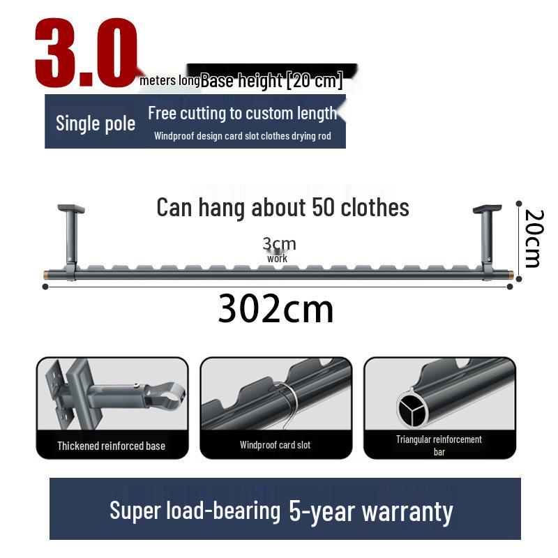 Aluminum Windproof Balcony Drying Rod - Top-Mounted, Hole-Punching Design for Secure Clothes Hanging