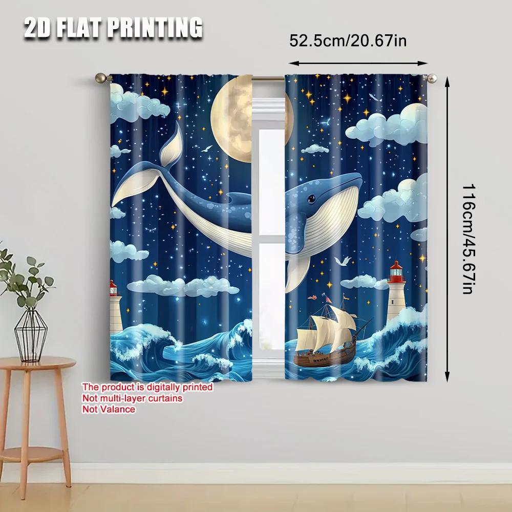 2pcs, plane printing Minimalist Curtains Watercolor Whale Polyester (without rod) Outdoor Decorations Ldeal for Bedroom &