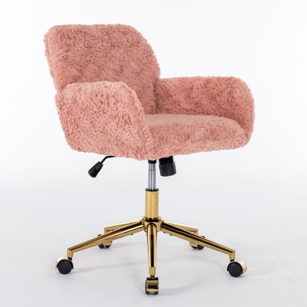 Flauschiger Kunst-Kaninchenfell-Schminktischstuhl, Rosa Höhenverstellbar 360 Grad Drehbar Home-Office-Stuhl mit Armlehne, Goldene Metall-Rollbasis,DE1831PK