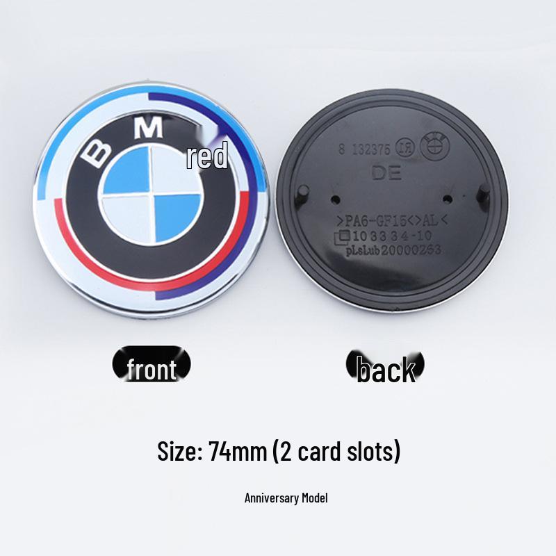 BMW Anniversary Edition Front & Rear Emblems: 82mm Rear in Blue & White, 74mm Front with Black Background.