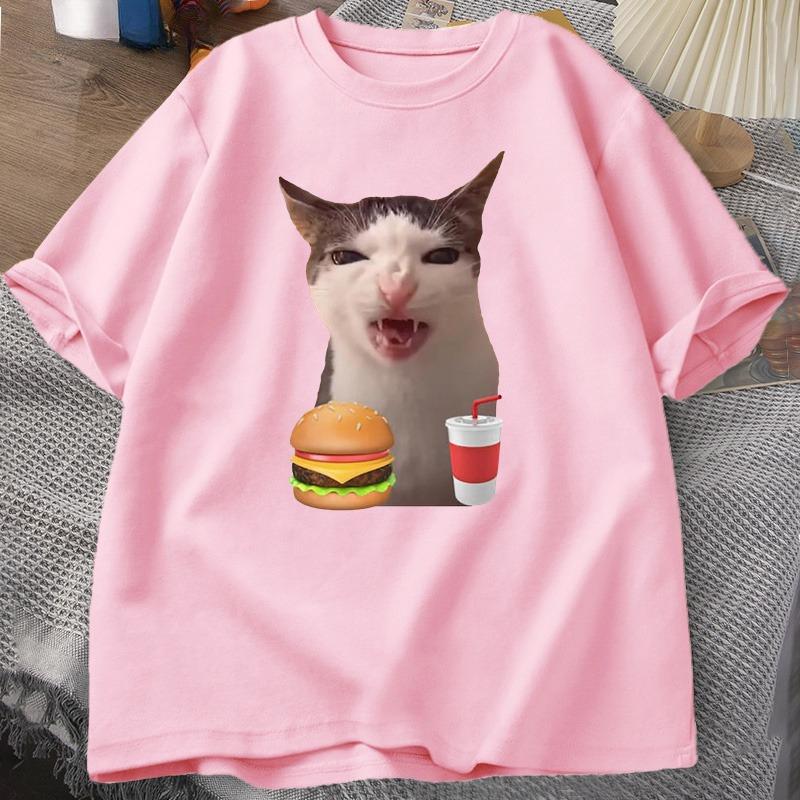 Cat Crunching Food Meme Tshirt Women Unisex Silly T Shirts Funny Cat Eating TShirt Cotton Short Sleeve Graphic Tees Streetwear