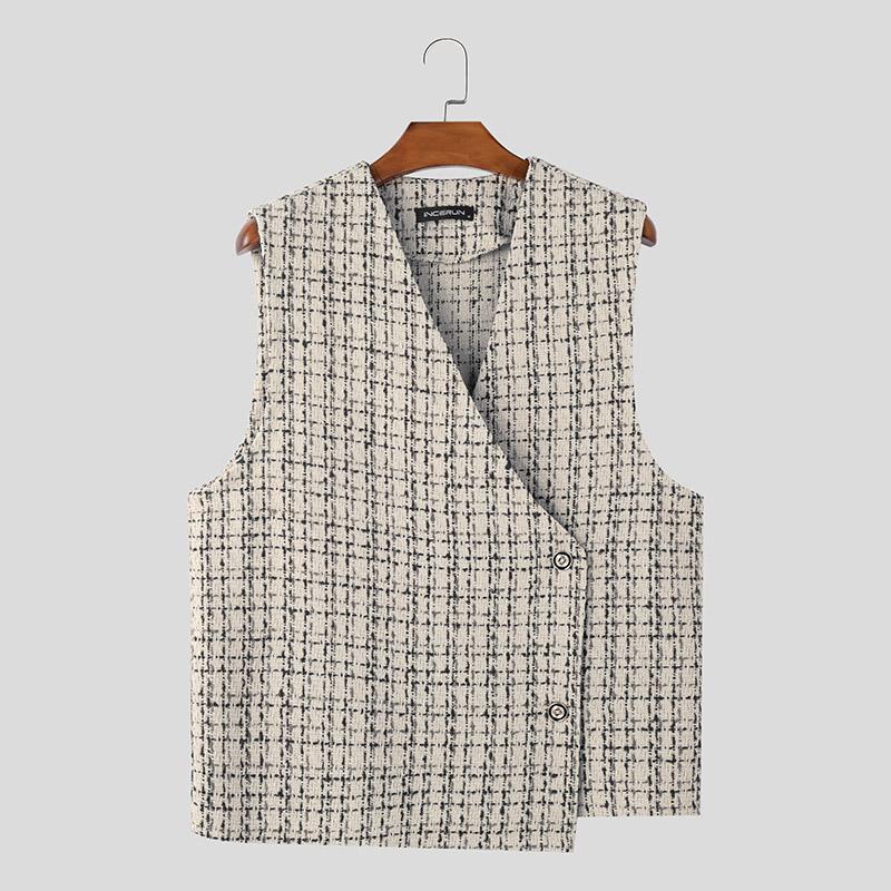 INCERUN Men V Neck Front Cross Sleeveless Waistcoat Texture Plaid Vest Coats