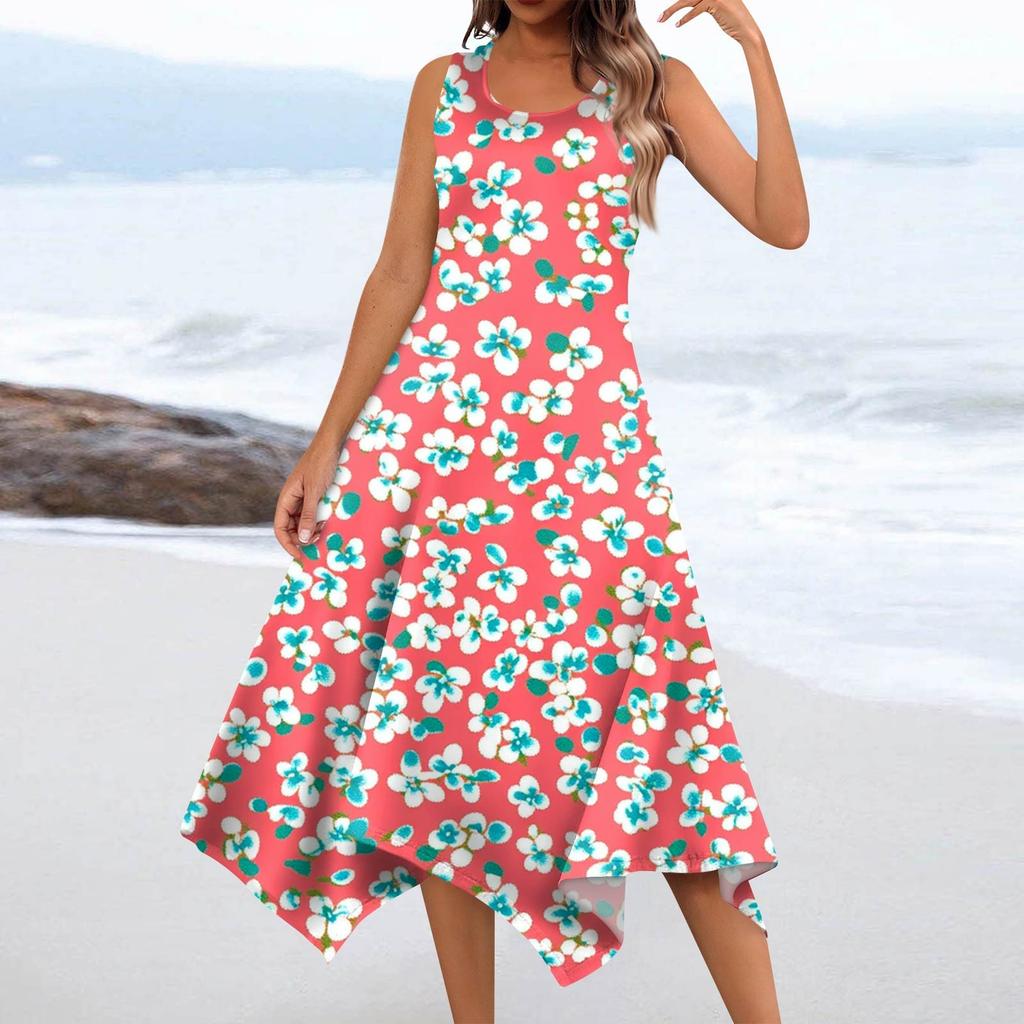 Women's Summer Fashion Round Neck Sleeveless Floral Print Irregular Hem Midi Dresses