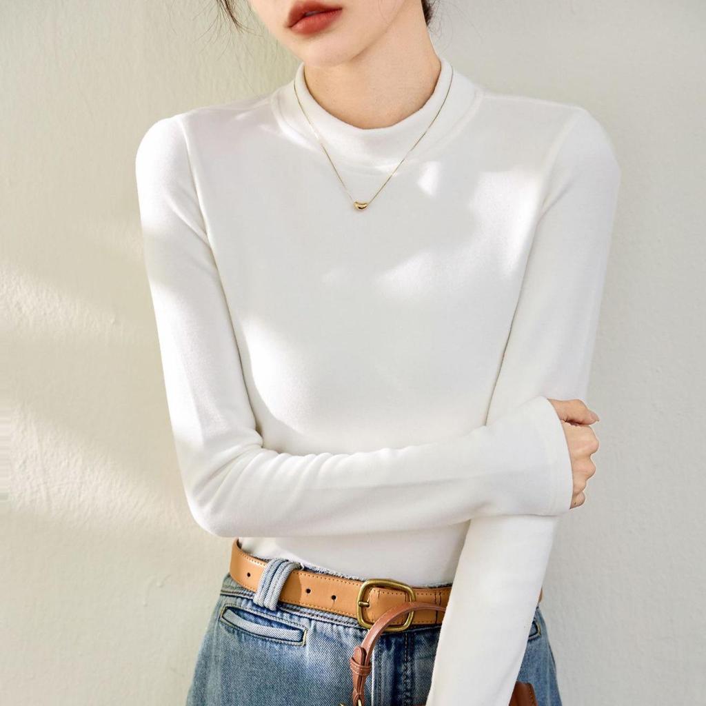 Women's German Velvet Double-Sided Red Half-High Collar Long-Sleeve Top - New for Autumn/Winter 2024