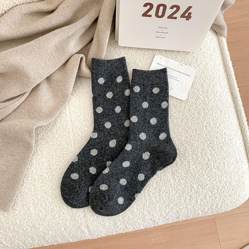 Socks Thickened Warm And Versatile Polka Dot Black Wool Maillard Coffee Color Mid-Leg Socks