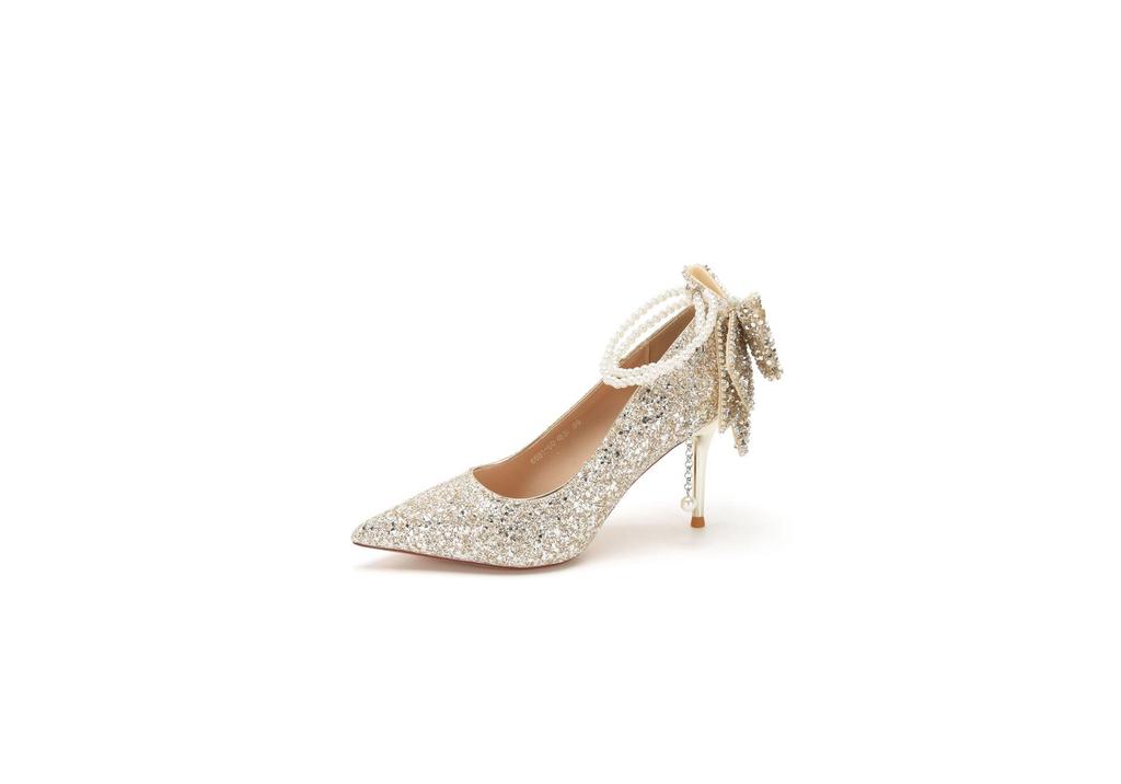 New Black Crystal Sequin Pearl Bow High Heels Wedding Shoes