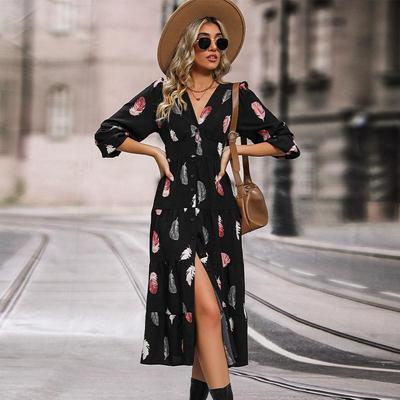 Casual print, enkele rij knopen, lente-zomerjurk, korte mouw, V-hals, hoge taille, middellang