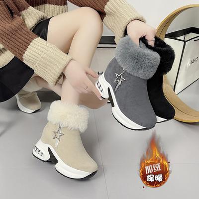 Herbst und Winter neue Schneestiefel mit dicker Sohle Übergröße modische warme Baumwollschuhe mittlerer Schaft einfarbig Keilabsatz Luftpolster kurze Stiefel