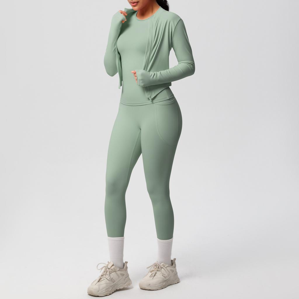 European and American new cloud polished short-sleeved sports zipper jacket casual running hip yoga suit three-piece women's