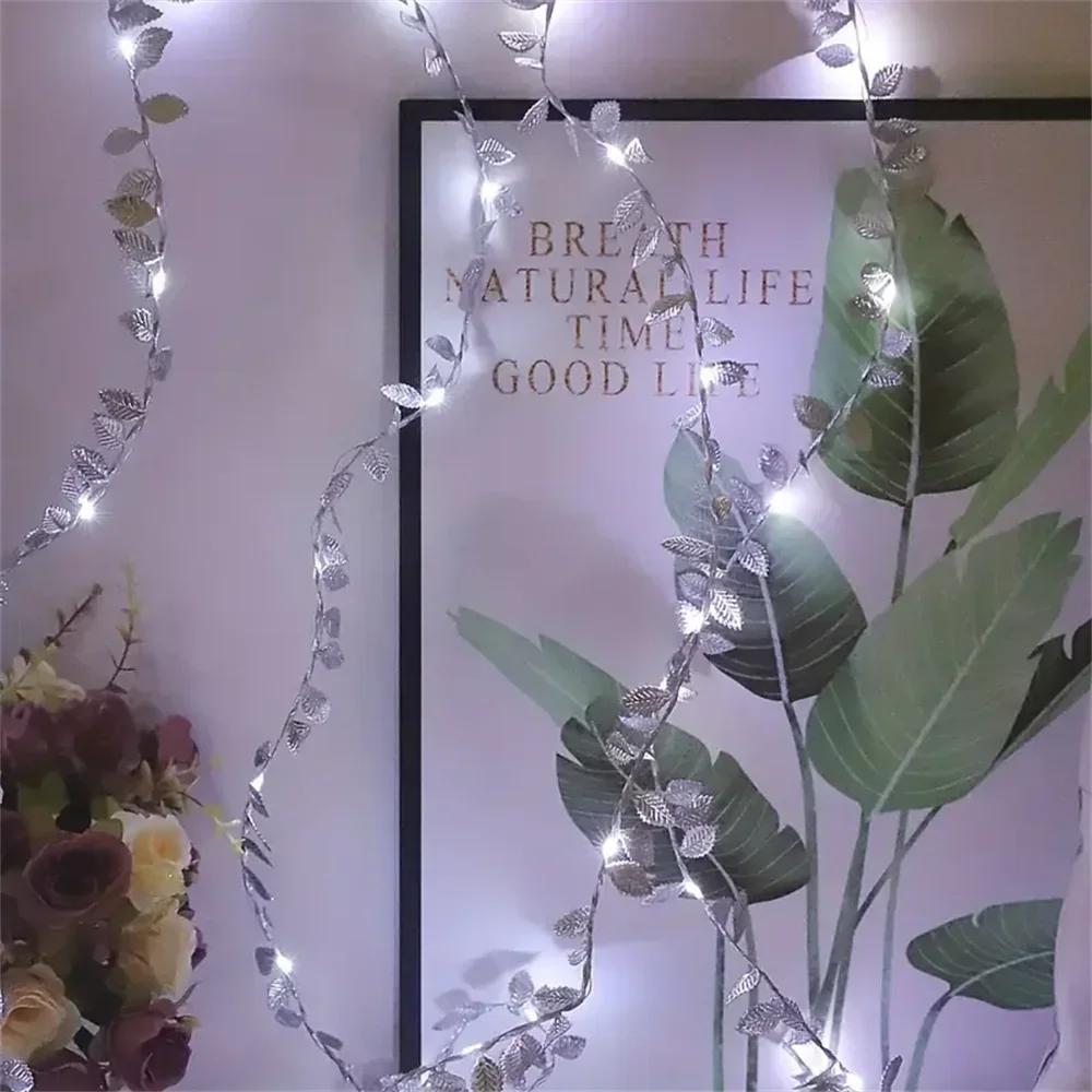 20/50/100LEDs Golden Silver Tiny Leaves Fairy Light Battery Powerd Artificial Plant Garland Vine Lights for Wedding Home Party