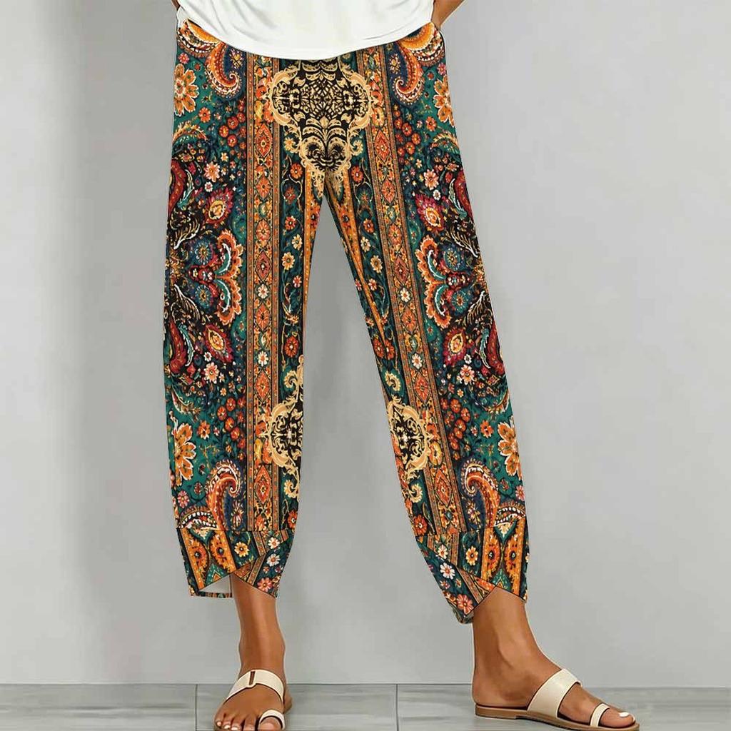 Women Plus Size Floral Printed Loose Cross Hem Cropped Pants