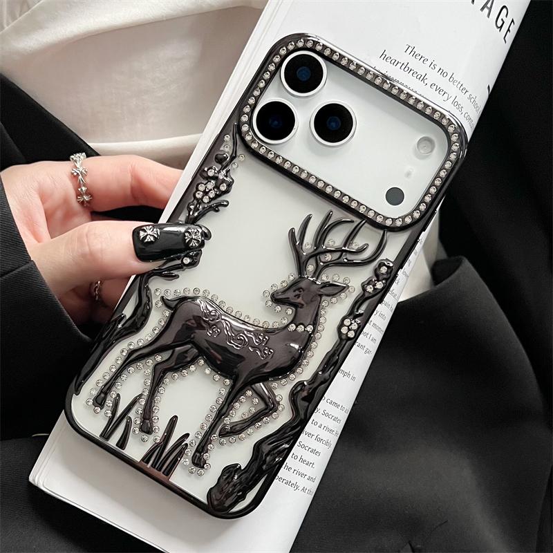 Women Girl's Glitter Diamond Elk Phone Case For iPhone 17 Air 12 13 14 15 16 17 Pro Max Transparent Plating Soft Silicone Cover