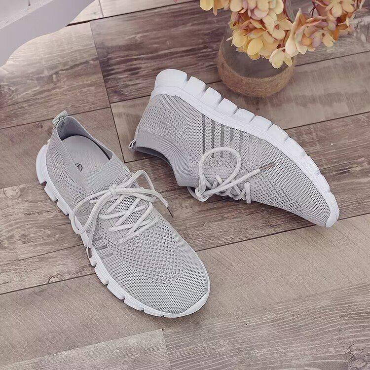 Korean Style Women's Lace-Up Flyknit Mesh Sneakers, Size 43, Lightweight Flat Bottom, Plus Size Available