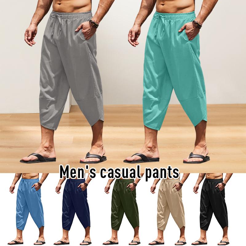 Herren Sommer Einfarbig Caprihosen Haremshorts Herren Elastischer Bund Kordelzug 3/4 Länge Cropped Hosen Baggy Jogginghosen