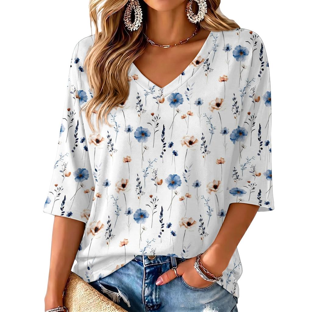 Women's Floral Print V-Neck Blouse Lightweight for Spring and Summer